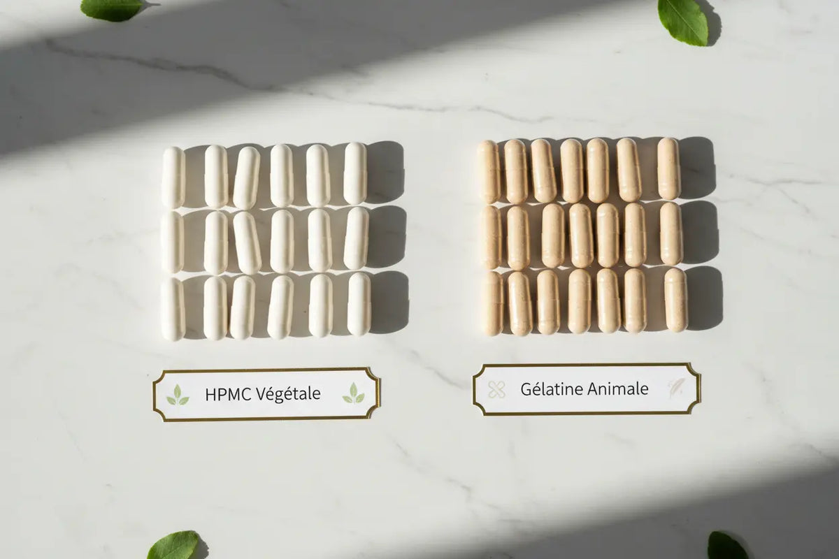 Article sur les gélules végétales HPMC Éclore Nutrition, découvrez les avantages des capsules végétales sans gélatine animale pour vos compléments alimentaires naturels