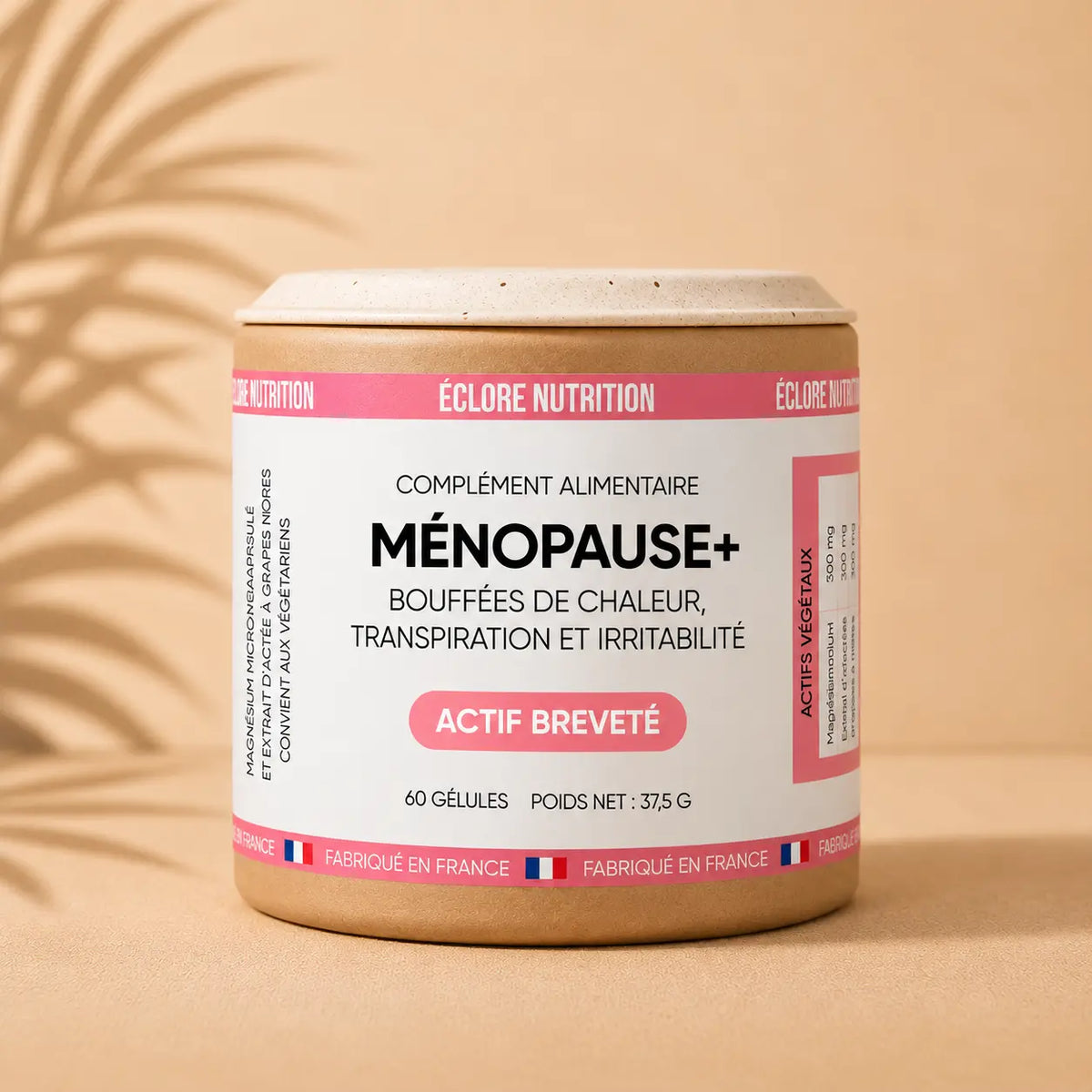 Complément alimentaire ménopause Éclore Nutrition à base d’actée à grappes noires, formule dédiée au bien-être féminin pendant la ménopause et la période de préménopause. Contribue à la réduction des bouffées de chaleur, de l’irritabilité et de la transpiration, symptômes de la ménopause.