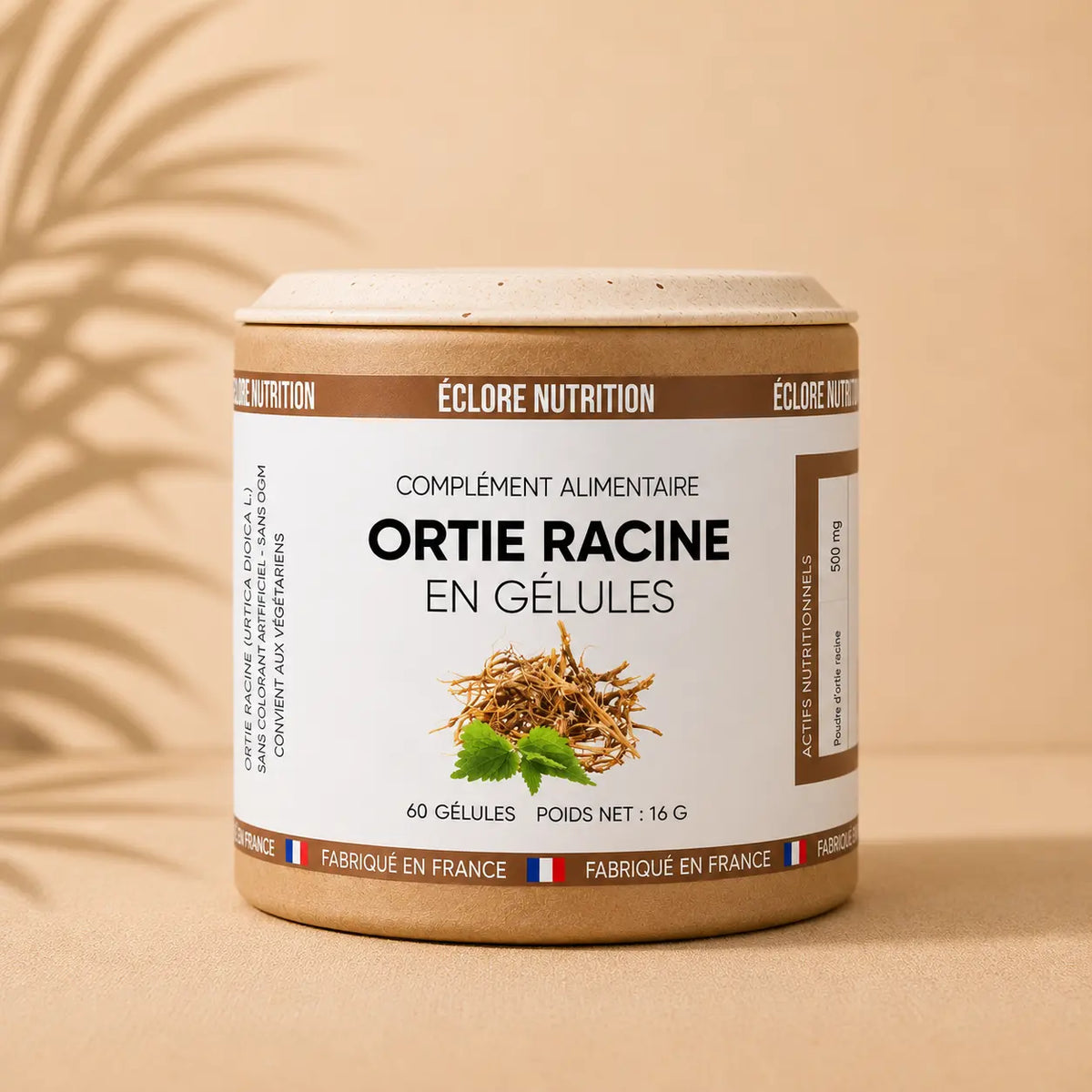 Complément alimentaire à base de racine d’ortie Éclore Nutrition, formule végétale destinée aux personnes recherchant un produit à base d’Urtica dioica sous forme de complément alimentaire.