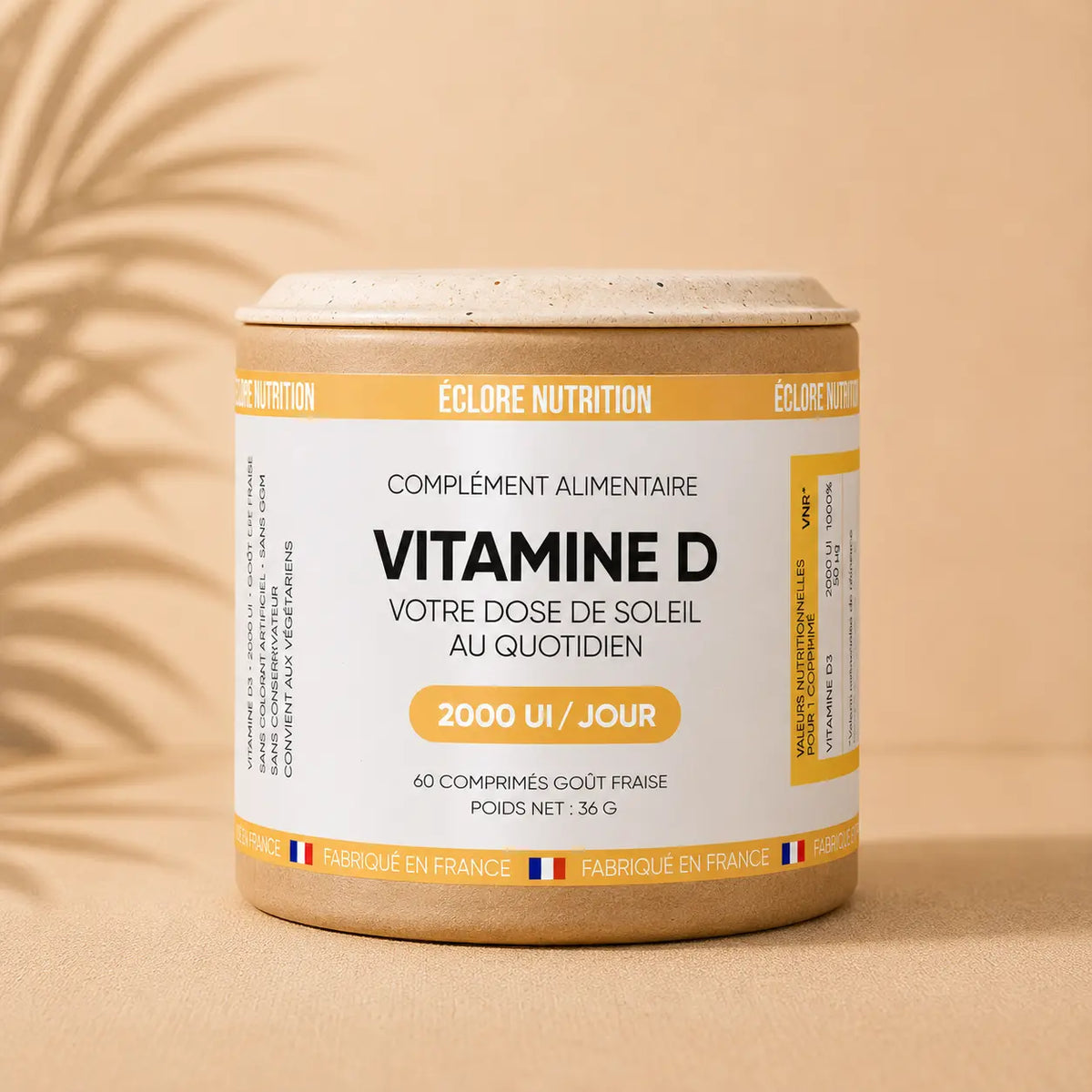 Vitamine D3 en comprimés Éclore Nutrition, complément alimentaire à base de cholécalciférol pour contribuer au maintien d’une ossature normale, au fonctionnement normal du système immunitaire et à une fonction musculaire normale.